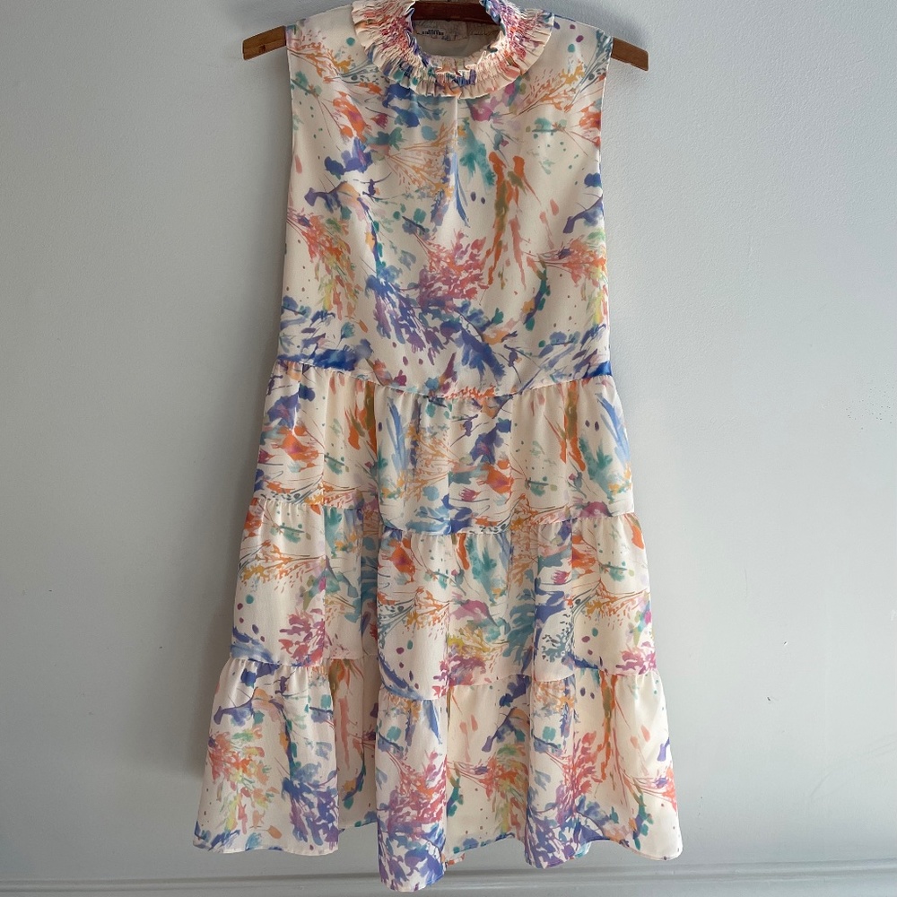 Amanda Uprichard Floral Tiered Dress Ruffle Neck Sleeveless XS Flowy Summer Art